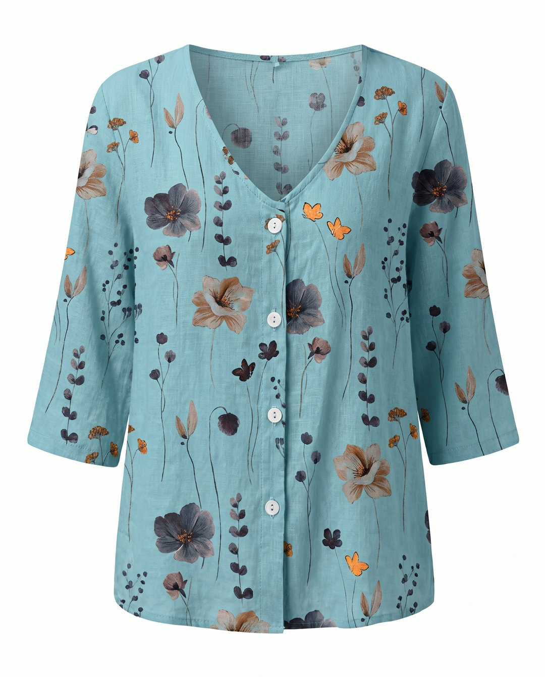 Women's Embroidered V-Neck Blouse with Soft Three-Quarter Sleeves