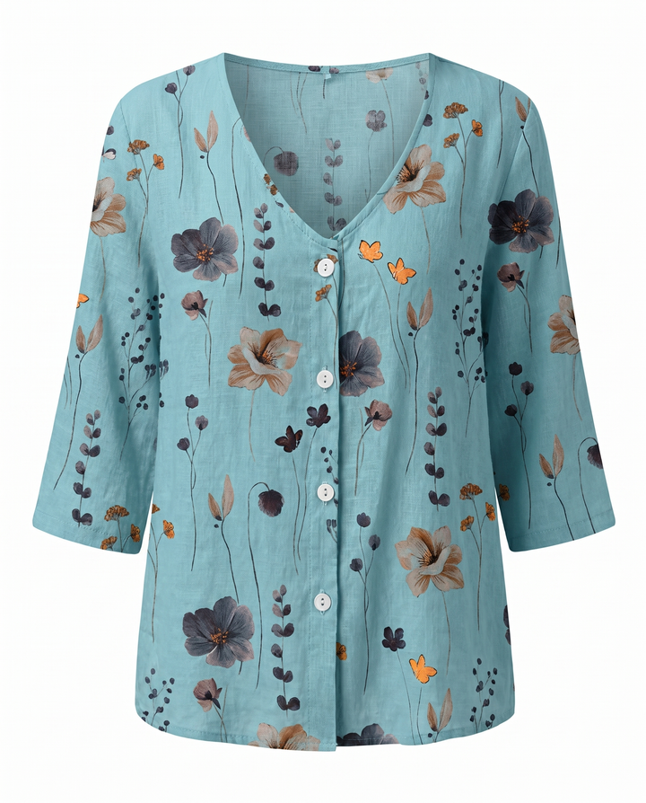 Women's Embroidered V-Neck Blouse with Soft Three-Quarter Sleeves