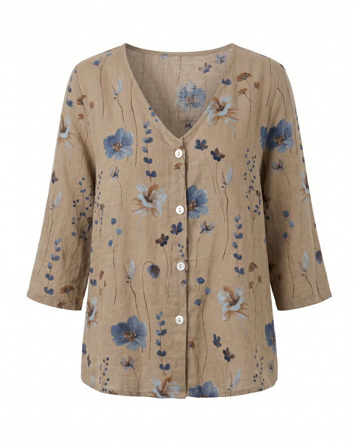 Women's Embroidered V-Neck Blouse with Soft Three-Quarter Sleeves