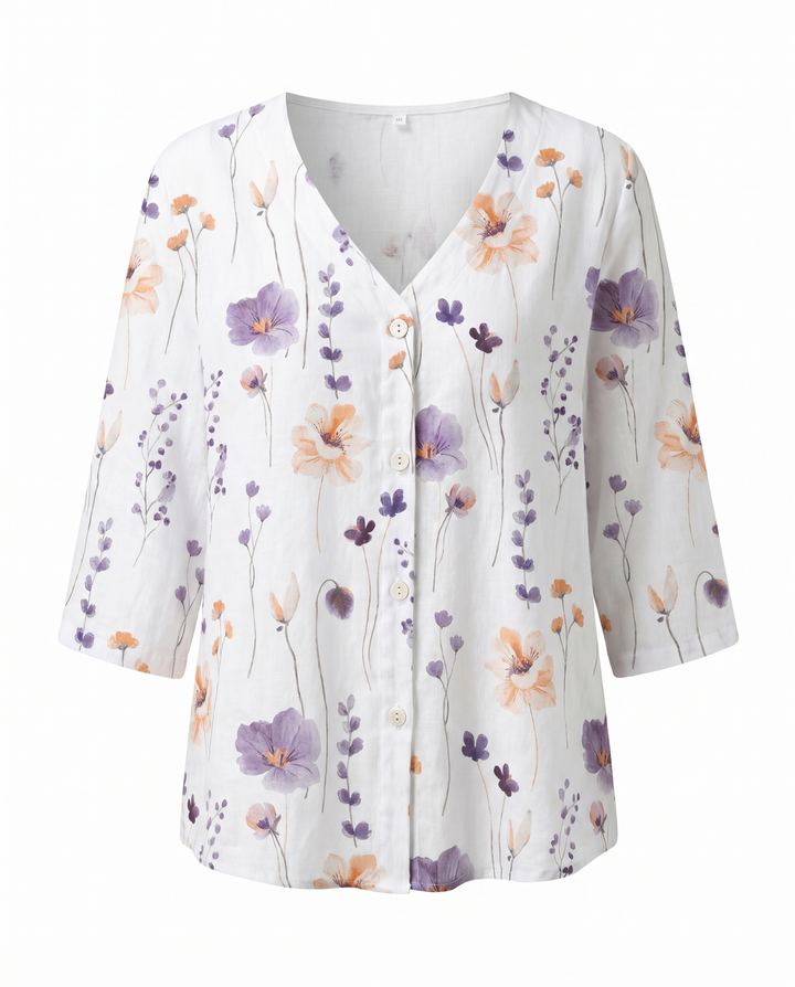 Women's Embroidered V-Neck Blouse with Soft Three-Quarter Sleeves