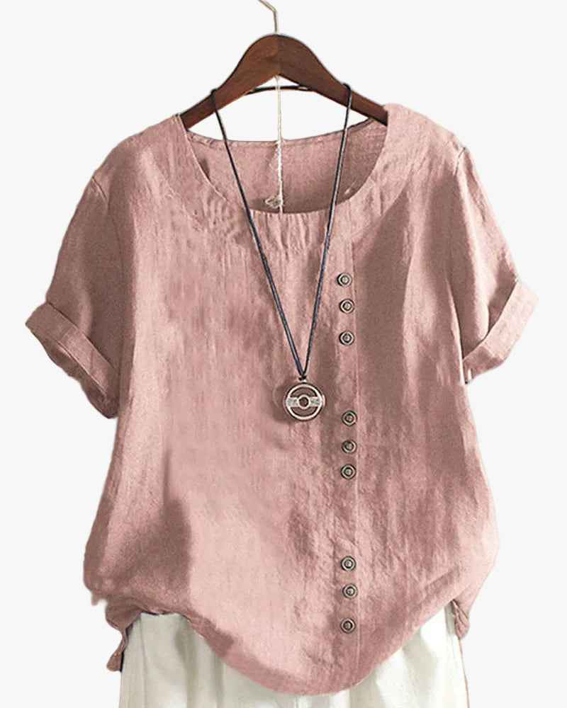 Women's Casual Woven Blouse with Button Details and Cuffed Sleeves Pink