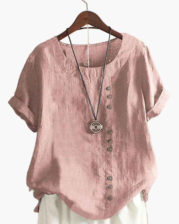 Women's Casual Woven Blouse with Button Details and Cuffed Sleeves Pink