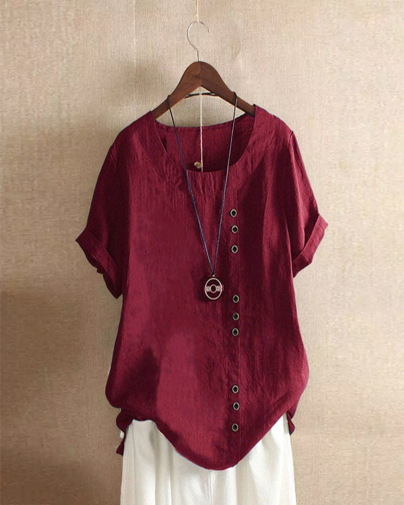 Women's Casual Woven Blouse with Button Details and Cuffed Sleeves Red