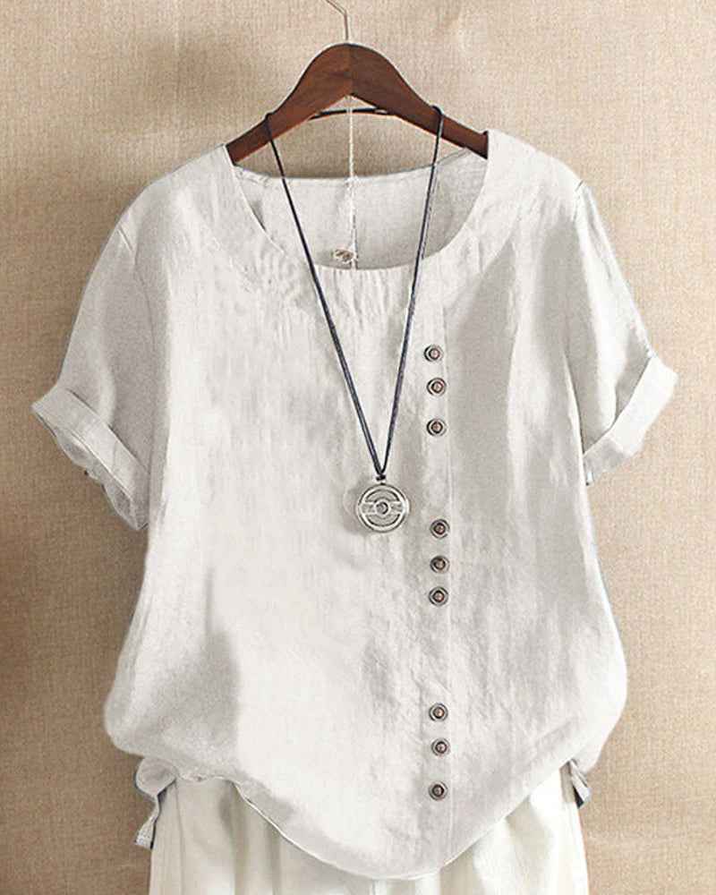 Women's Casual Woven Blouse with Button Details and Cuffed Sleeves White