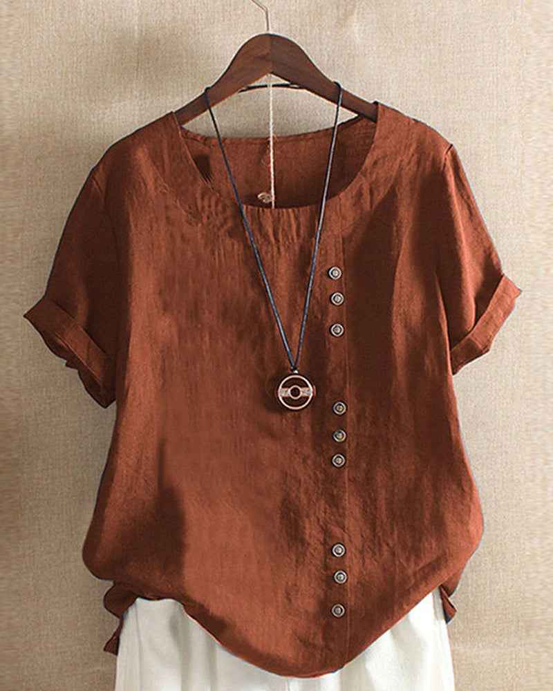 Women's Casual Woven Blouse with Button Details and Cuffed Sleeves Brown