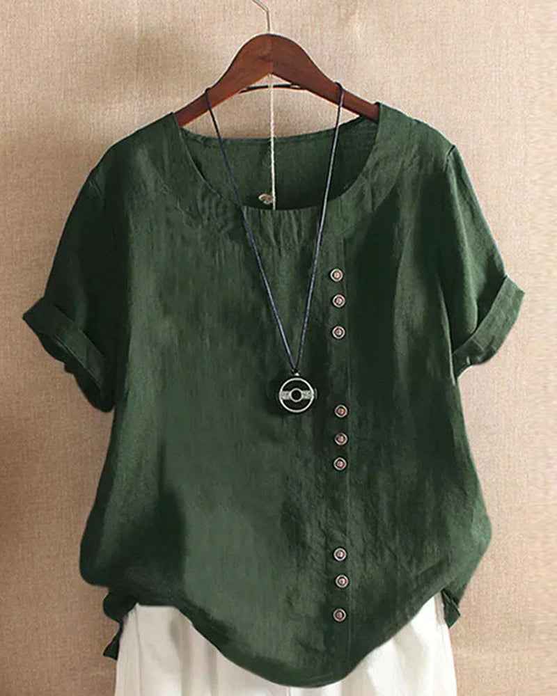 Women's Casual Woven Blouse with Button Details and Cuffed Sleeves Dark Green