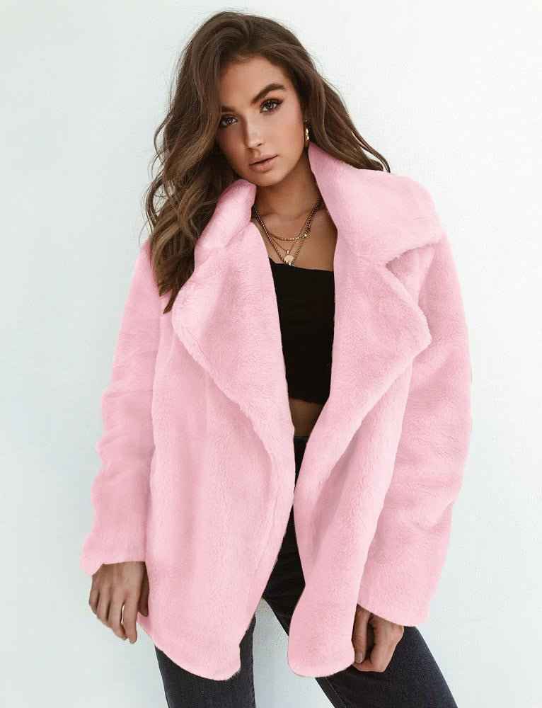 Women's Teddy Fur Coat with Wide Lapel Collar | Cozy & Stylish Pink