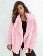 Women's Teddy Fur Coat with Wide Lapel Collar | Cozy & Stylish Pink