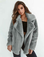 Women's Teddy Fur Coat with Wide Lapel Collar | Cozy & Stylish Grey
