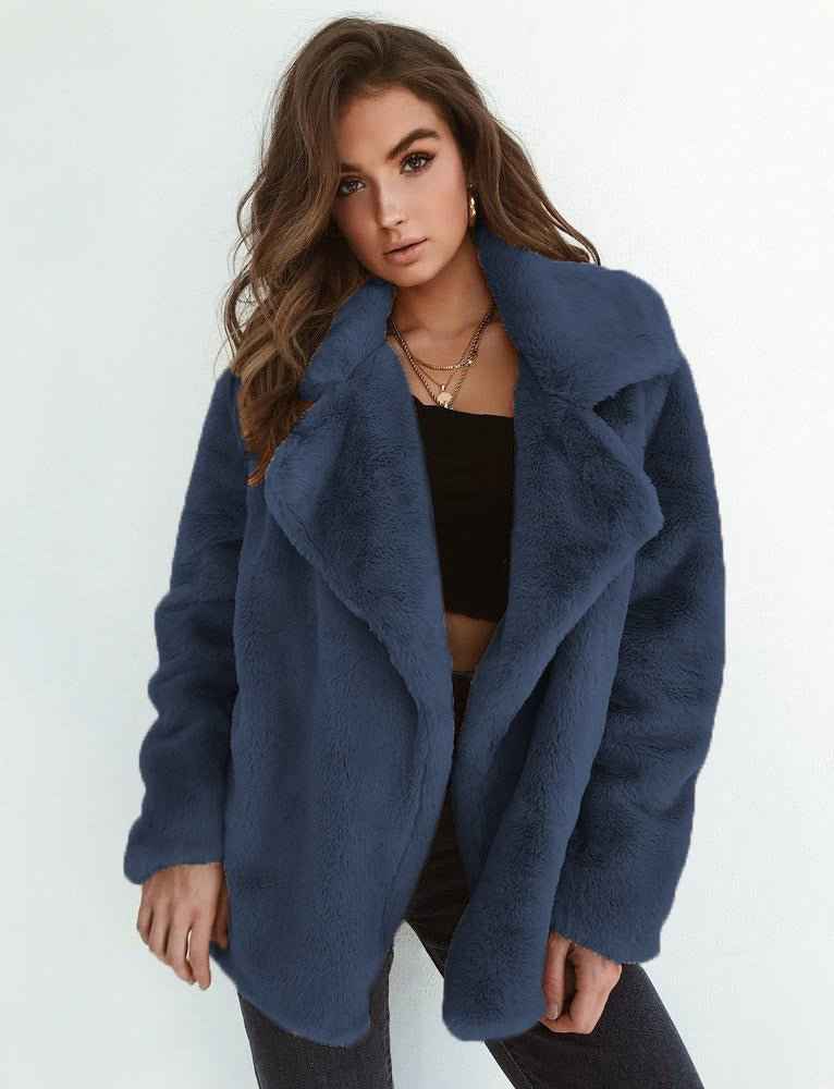Women's Teddy Fur Coat with Wide Lapel Collar | Cozy & Stylish Navy