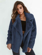 Women's Teddy Fur Coat with Wide Lapel Collar | Cozy & Stylish Navy