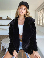 Women's Teddy Fur Coat with Wide Lapel Collar | Cozy & Stylish Black