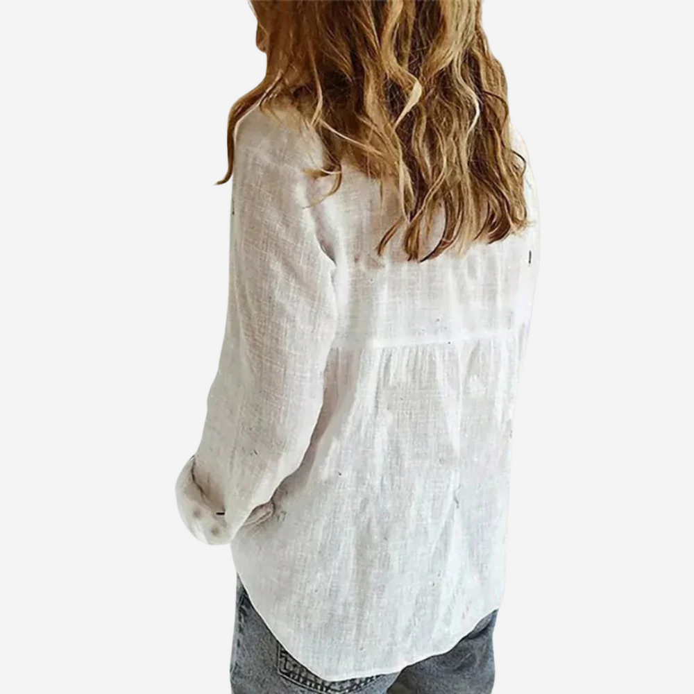 Women's Linen-Blend Blouse with Buttons and Roll-Tab Sleeves