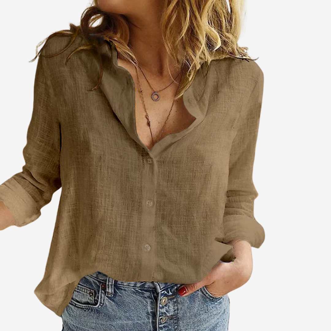 Women's Linen-Blend Blouse with Buttons and Roll-Tab Sleeves Brown