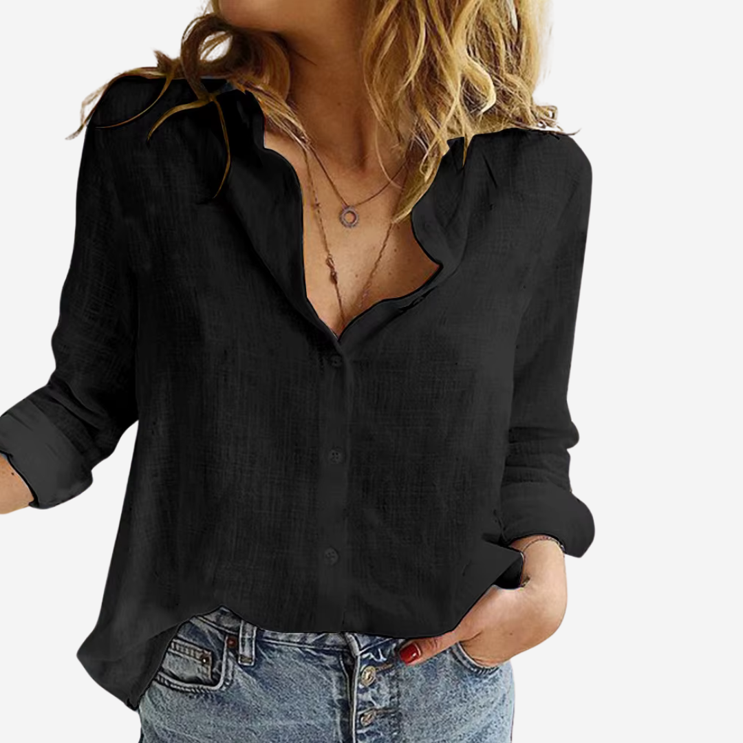 Women's Linen-Blend Blouse with Buttons and Roll-Tab Sleeves Black