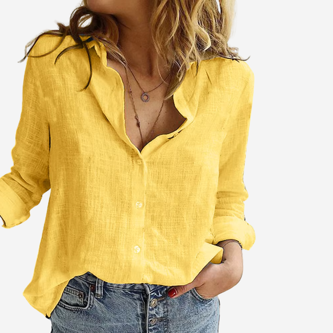 Women's Linen-Blend Blouse with Buttons and Roll-Tab Sleeves Yellow
