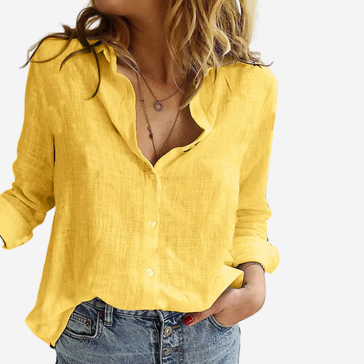 Women's Linen-Blend Blouse with Buttons and Roll-Tab Sleeves Yellow