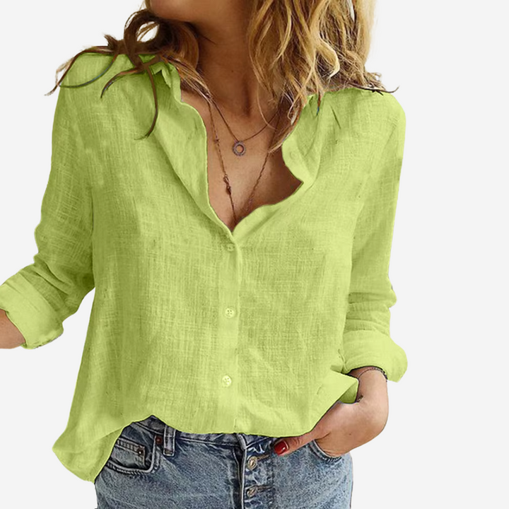 Women's Linen-Blend Blouse with Buttons and Roll-Tab Sleeves Green