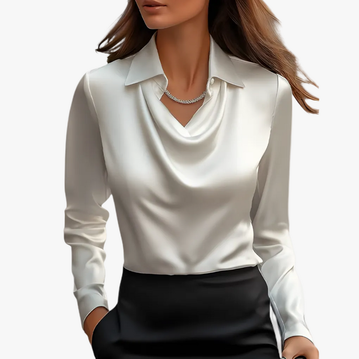 Women's Satin Woven Blouse with Draped Neckline and Cuffs White