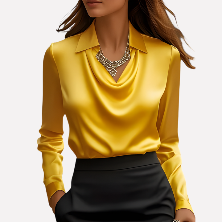 Women's Satin Woven Blouse with Draped Neckline and Cuffs Yellow