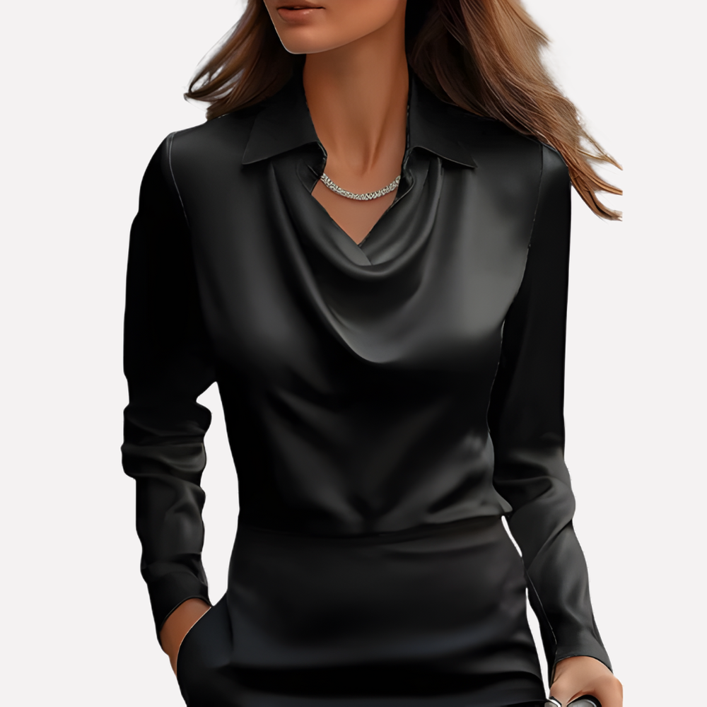 Women's Satin Woven Blouse with Draped Neckline and Cuffs Black