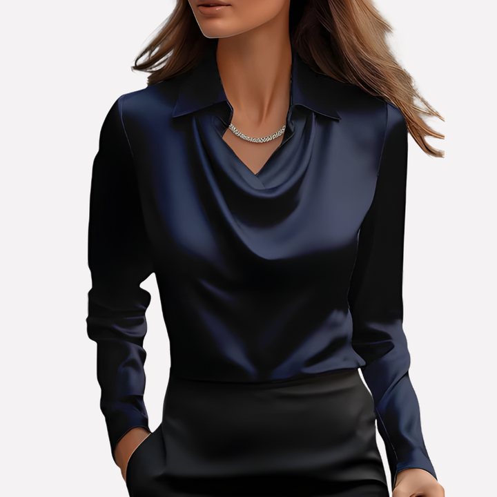 Women's Satin Woven Blouse with Draped Neckline and Cuffs Blue