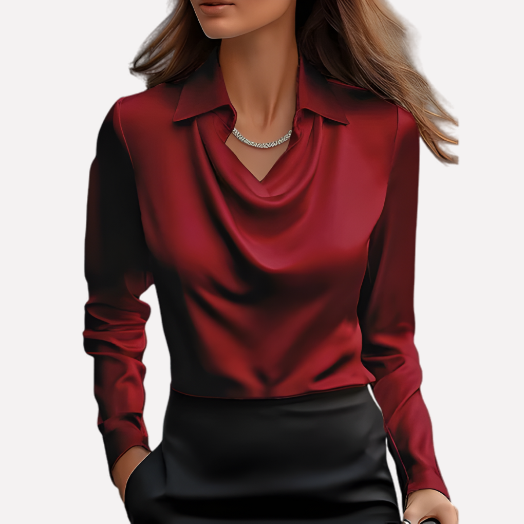 Women's Satin Woven Blouse with Draped Neckline and Cuffs Burgundy