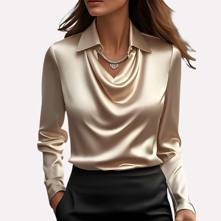Women's Satin Woven Blouse with Draped Neckline and Cuffs Gold