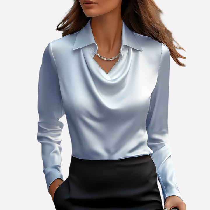 Women's Satin Woven Blouse with Draped Neckline and Cuffs Light Blue