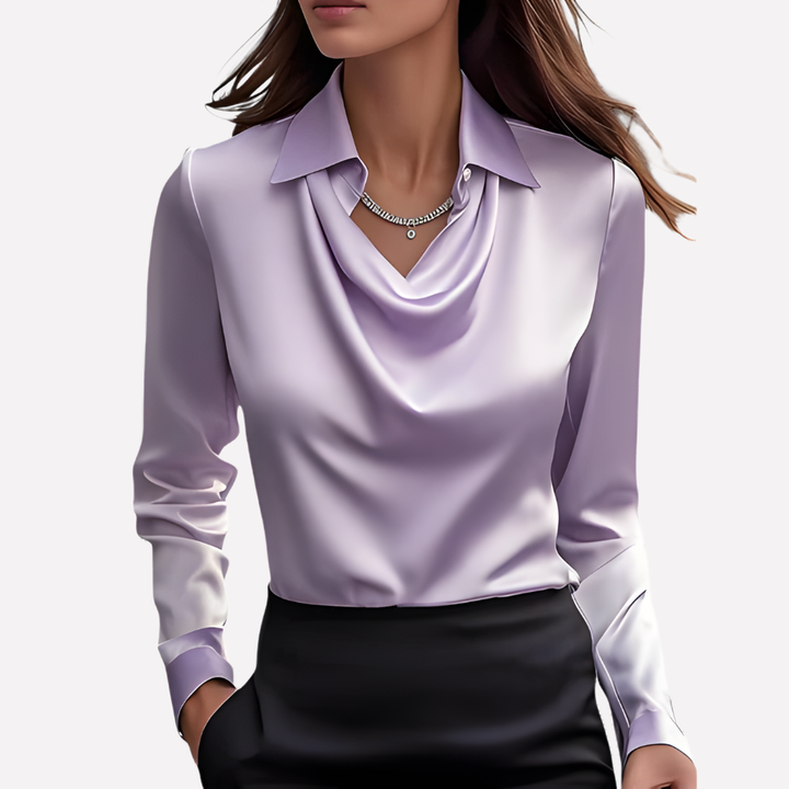 Women's Satin Woven Blouse with Draped Neckline and Cuffs Lavender