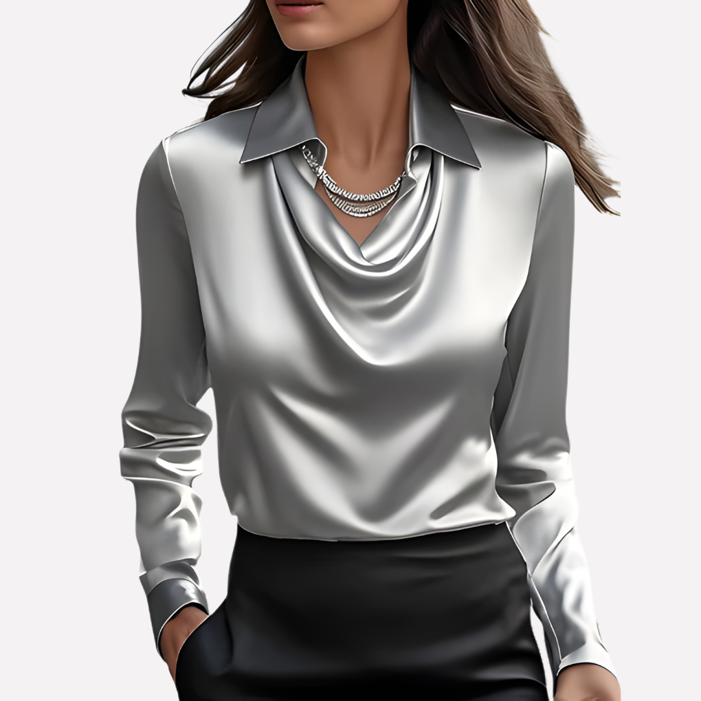 Women's Satin Woven Blouse with Draped Neckline and Cuffs Gray