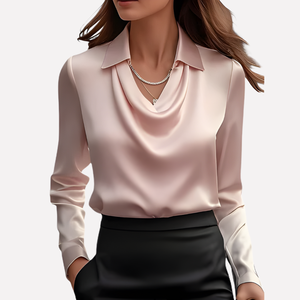 Women's Satin Woven Blouse with Draped Neckline and Cuffs Pink