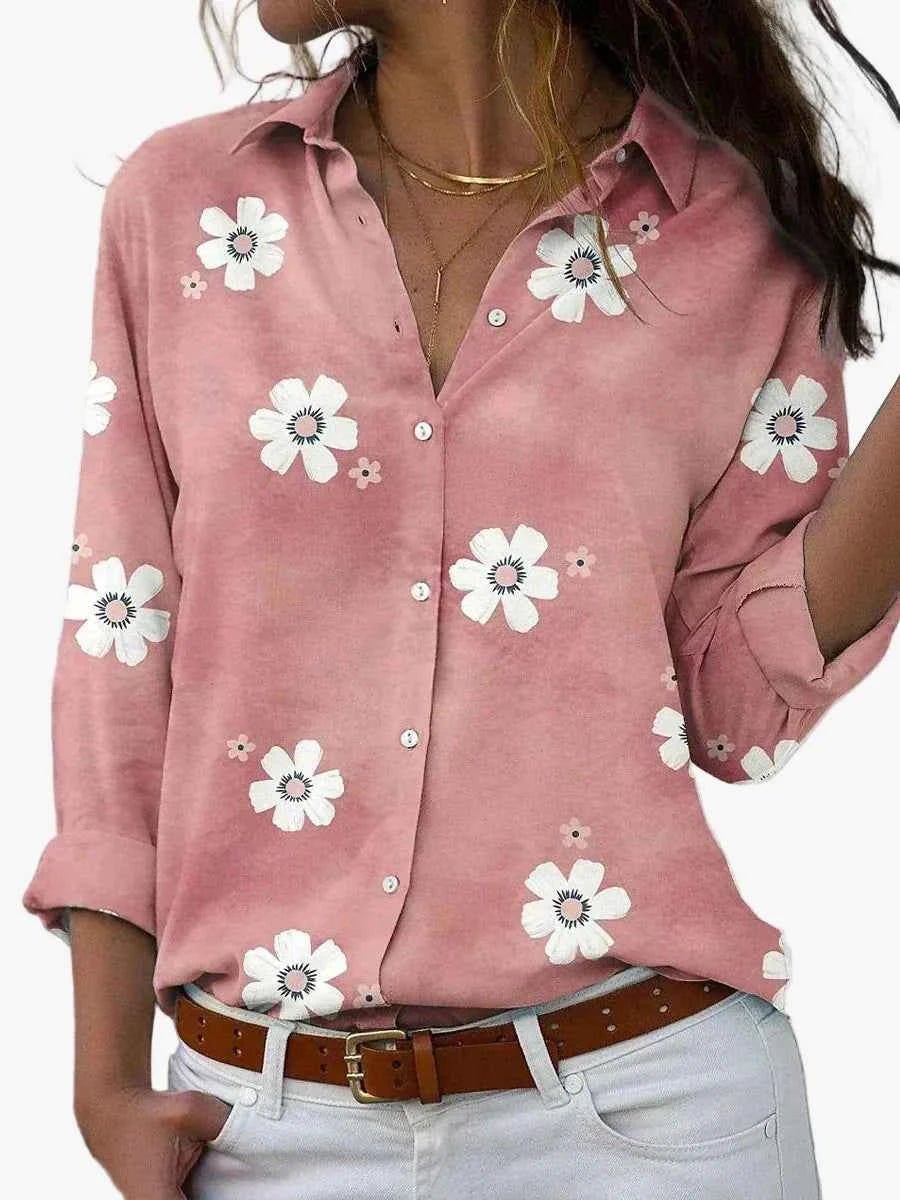 Women's Woven Blouse with Button Front and Roll-Tab Sleeves Pink