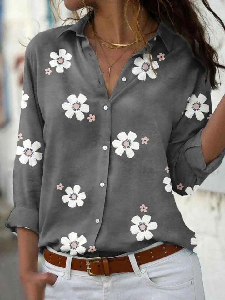 Women's Woven Blouse with Button Front and Roll-Tab Sleeves Gray