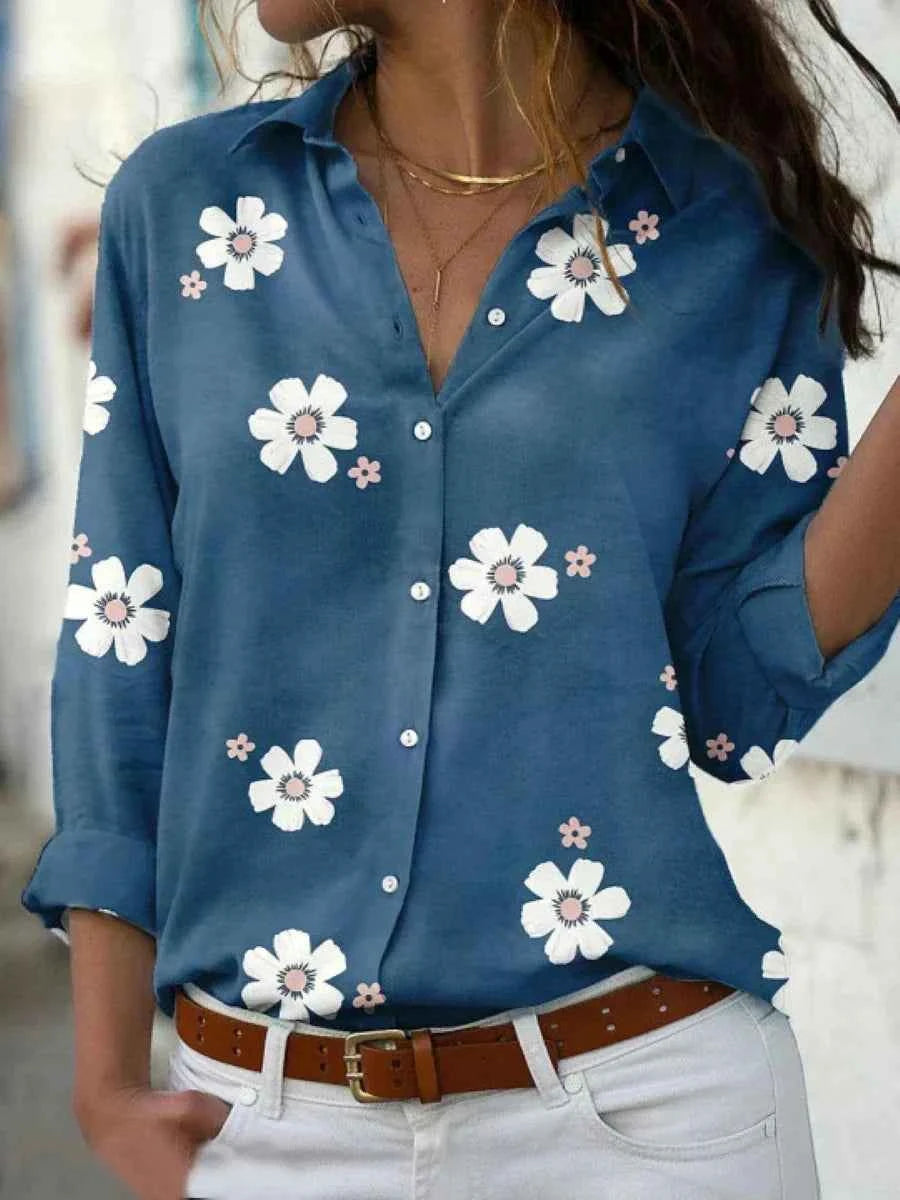 Women's Woven Blouse with Button Front and Roll-Tab Sleeves Blue