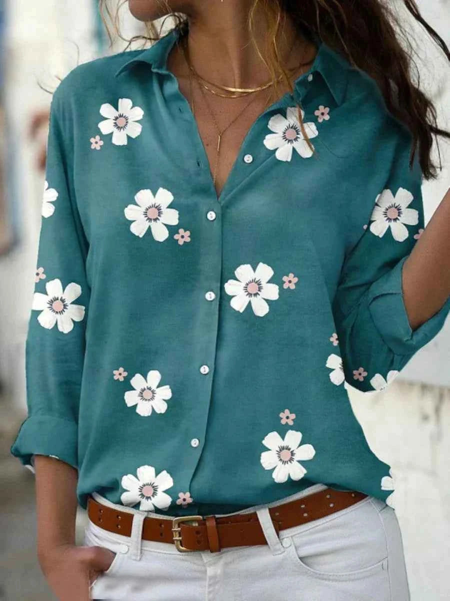 Women's Woven Blouse with Button Front and Roll-Tab Sleeves Green