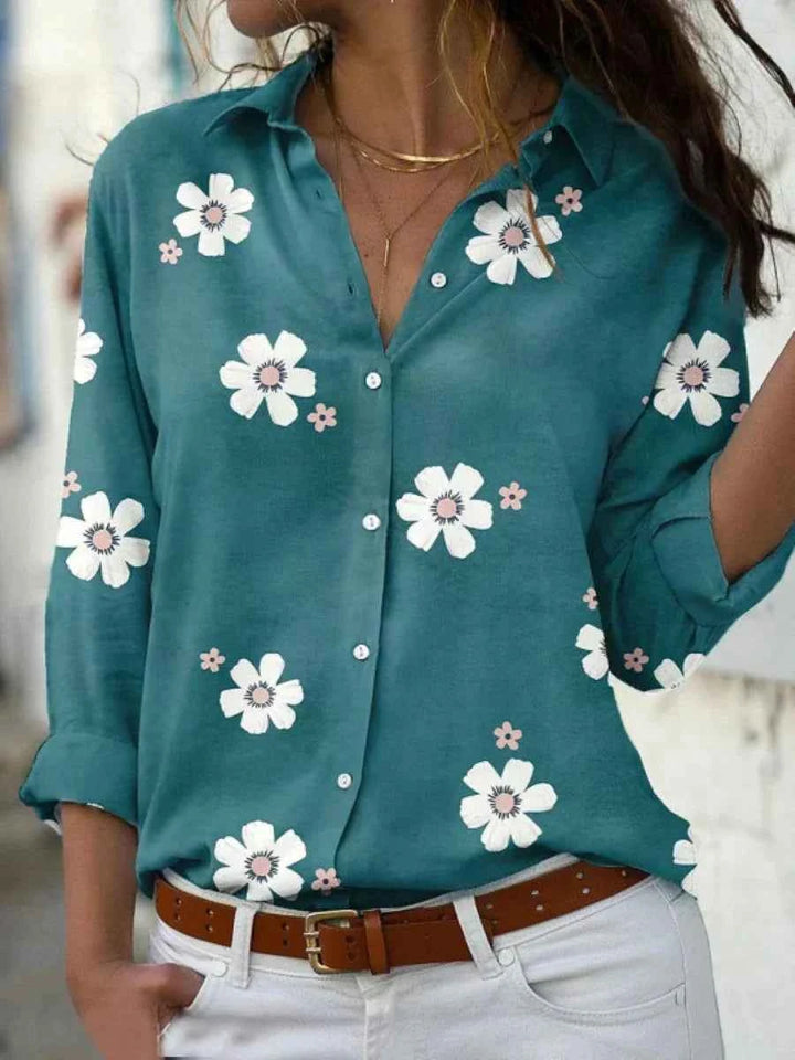 Women's Woven Blouse with Button Front and Roll-Tab Sleeves Green