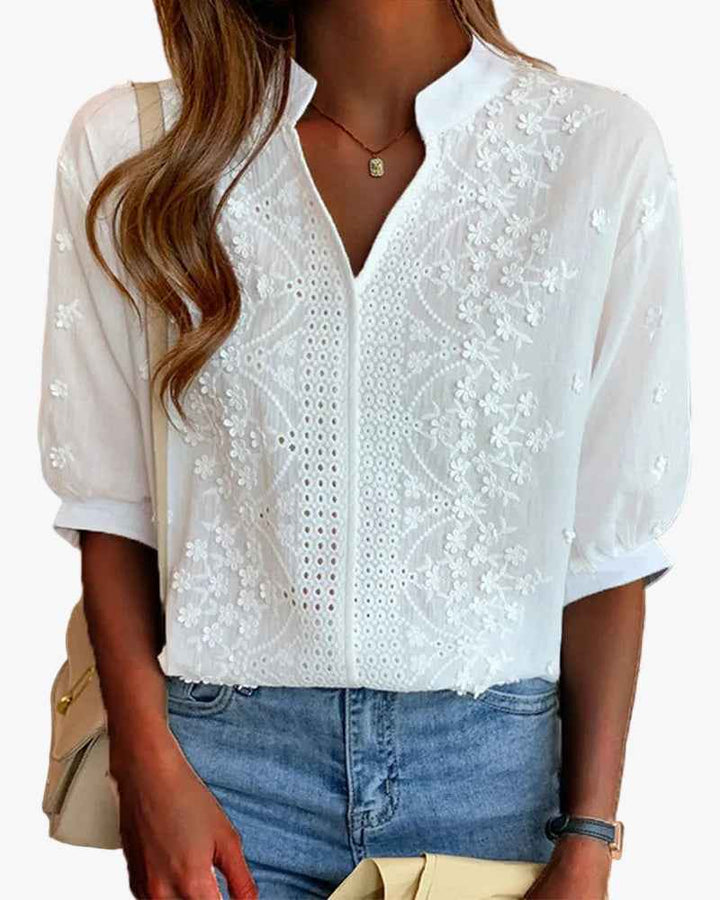 Women's Woven Blouse with Embroidery and Split V Neck Design White
