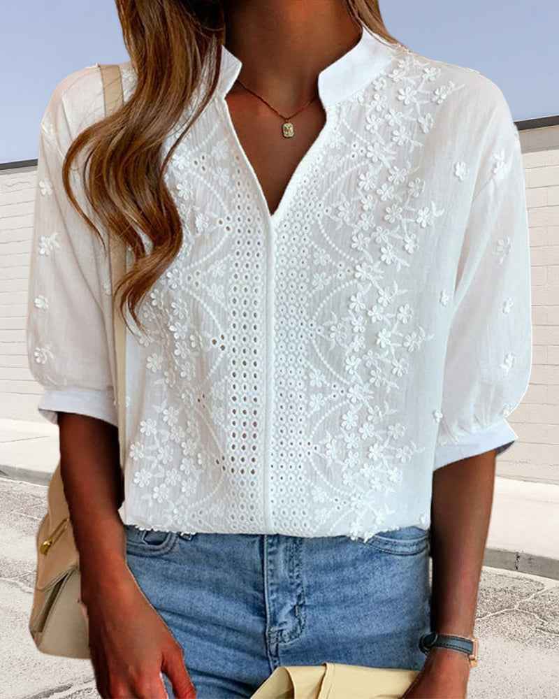Women's Woven Blouse with Embroidery and Split V Neck Design