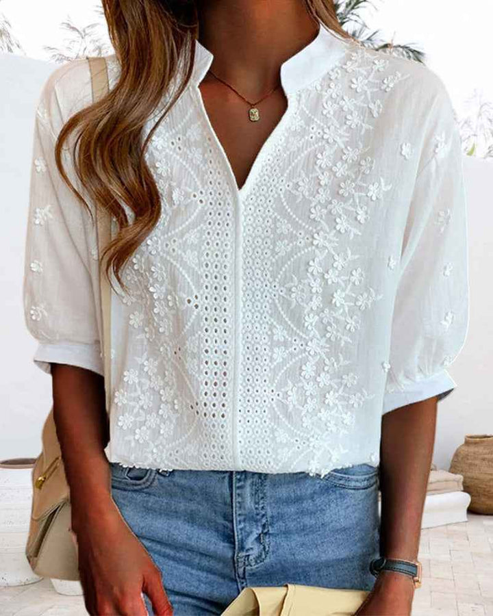 Women's Woven Blouse with Embroidery and Split V Neck Design