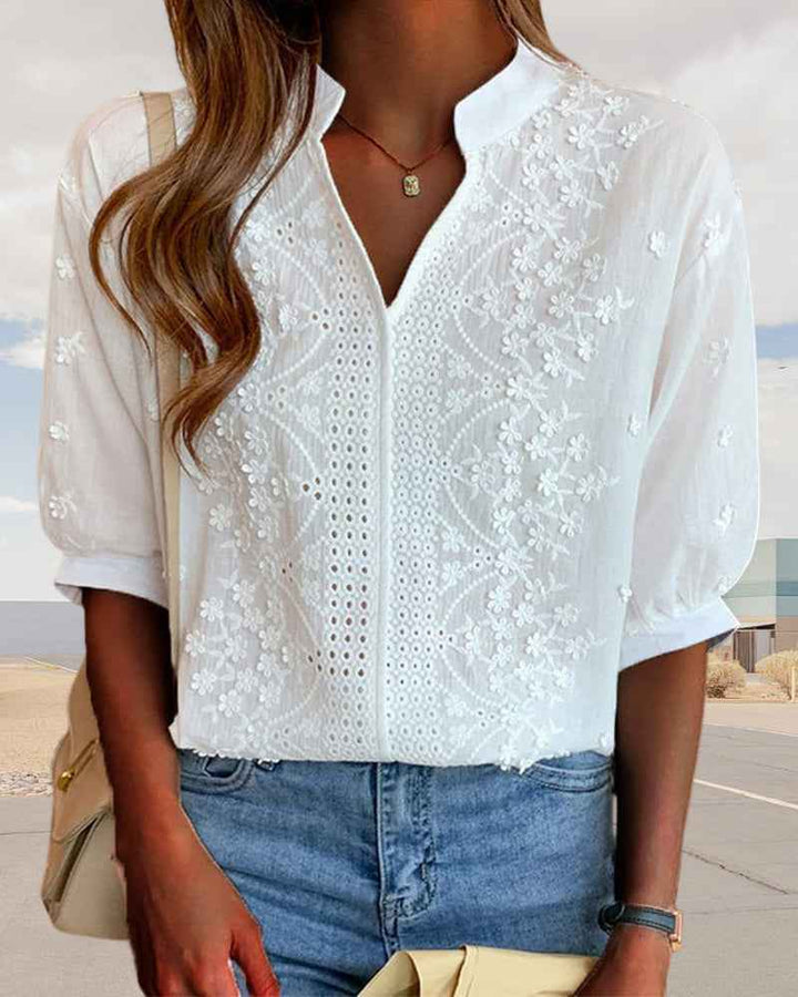 Women's Woven Blouse with Embroidery and Split V Neck Design