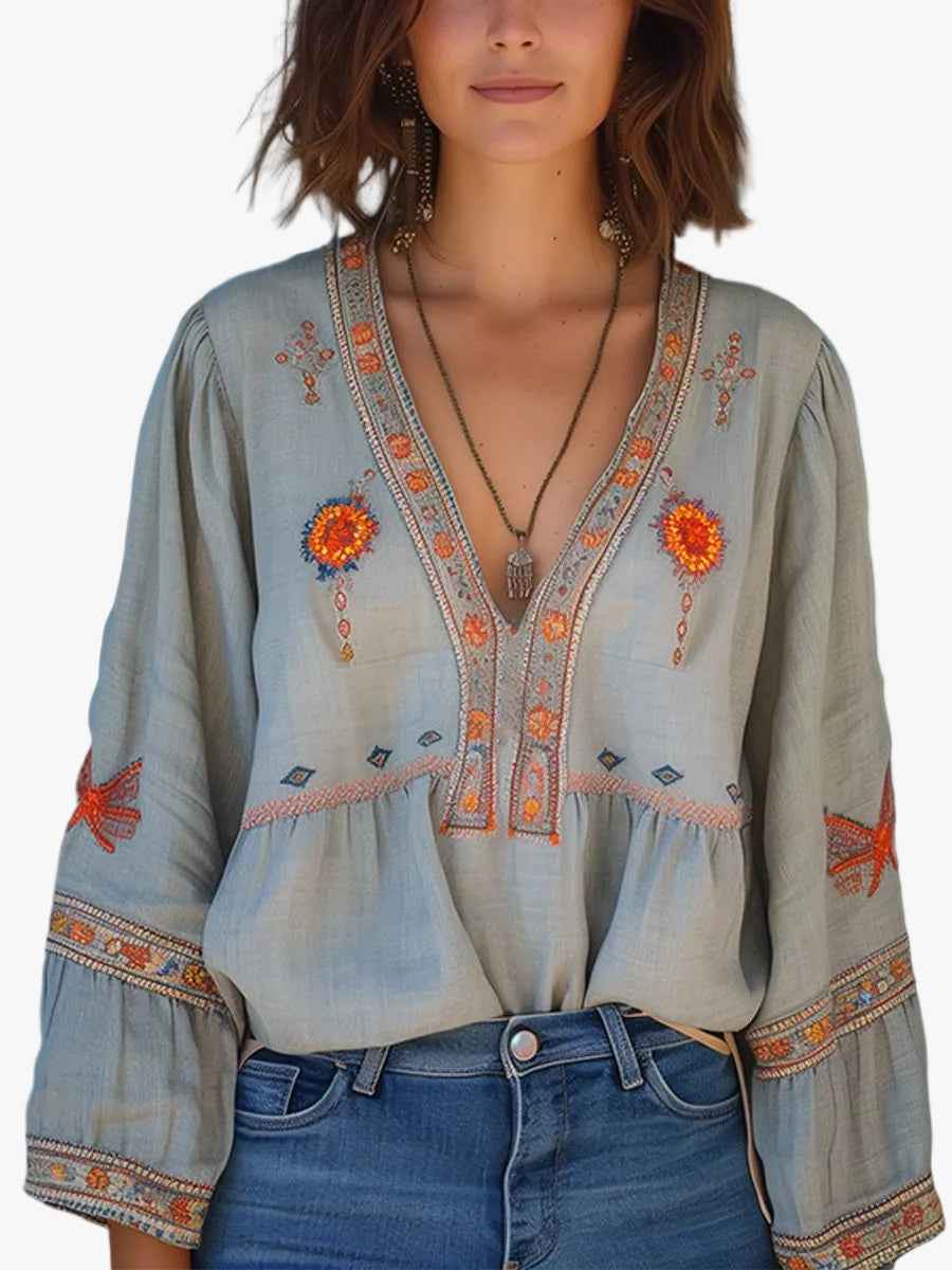 Women's Embroidered Woven Blouse with V Neckline Light Blue