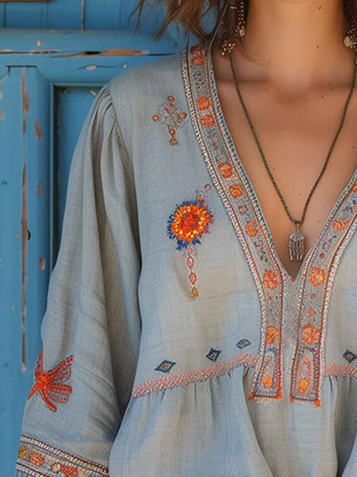 Women's Embroidered Woven Blouse with V Neckline
