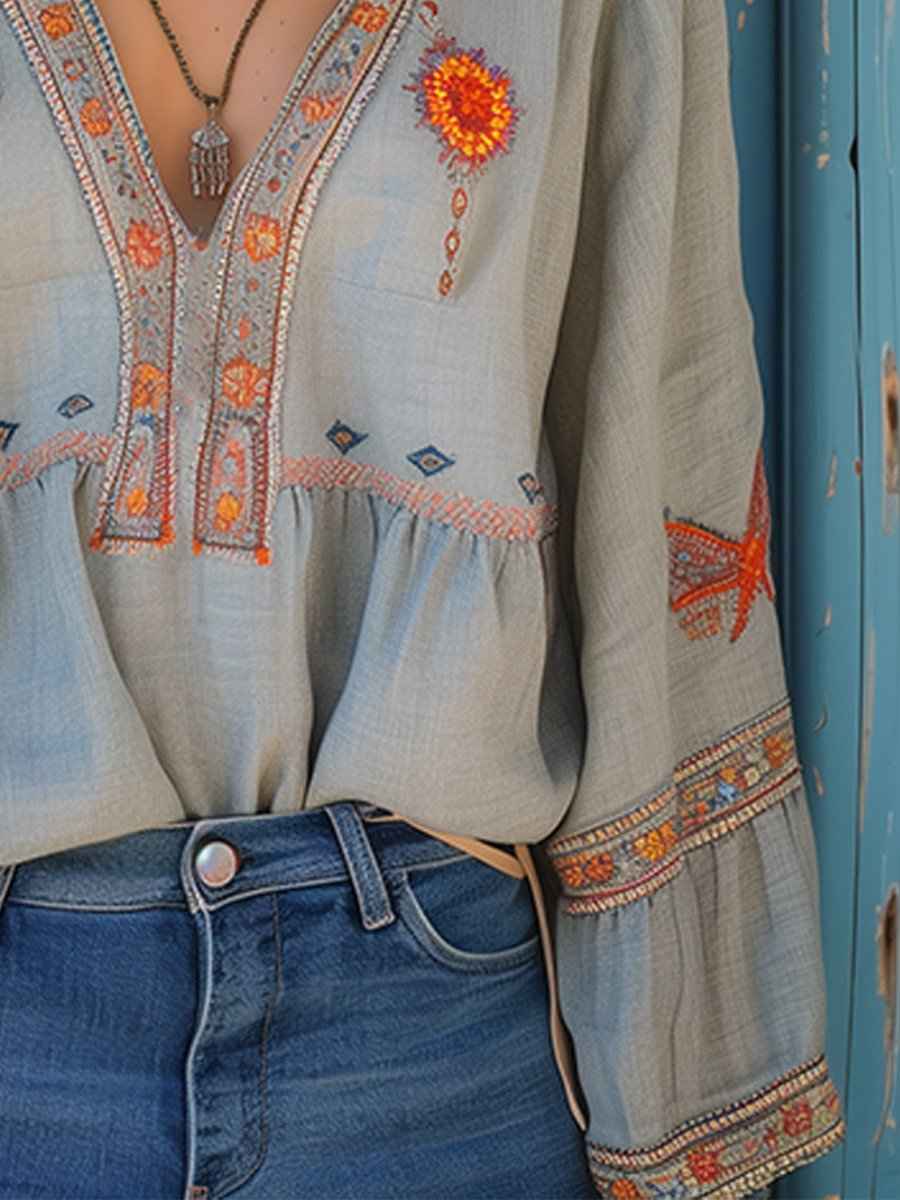 Women's Embroidered Woven Blouse with V Neckline