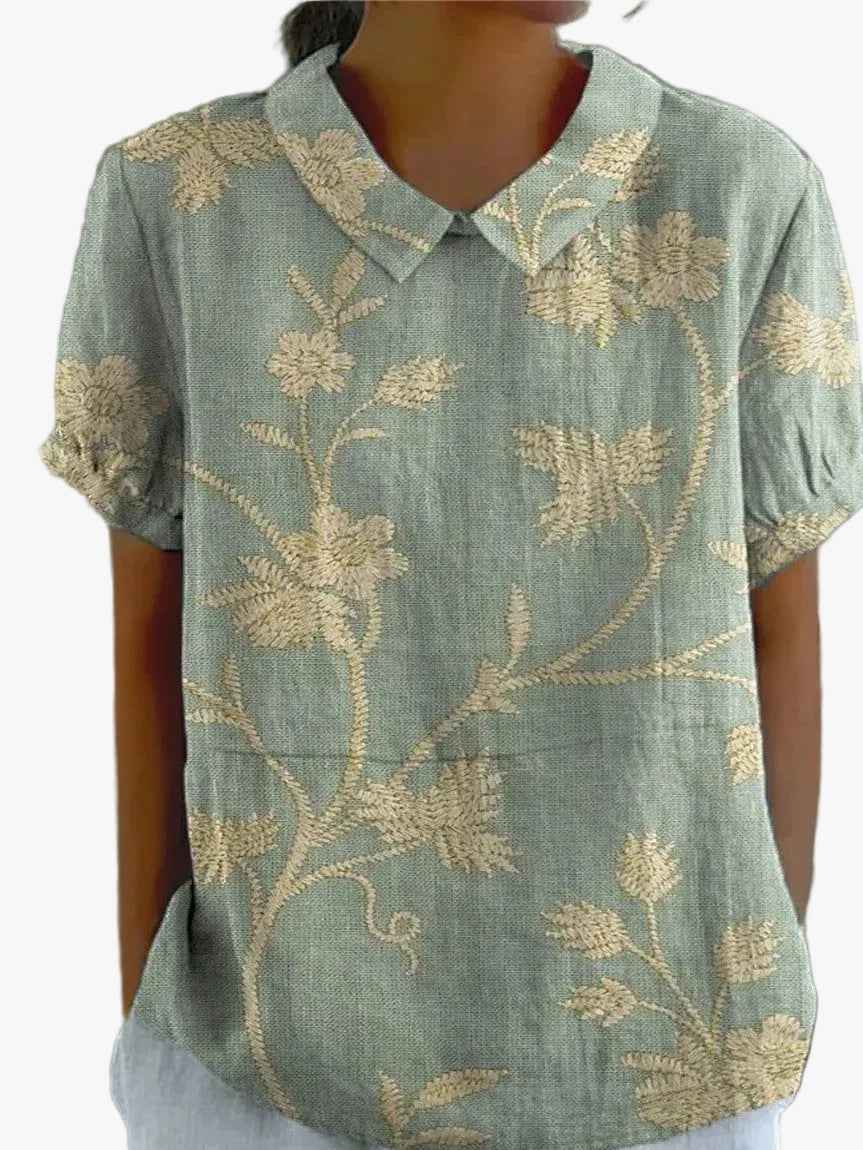 Women's Floral Pattern Woven Blouse with V-Neck Collar Light Green with Floral