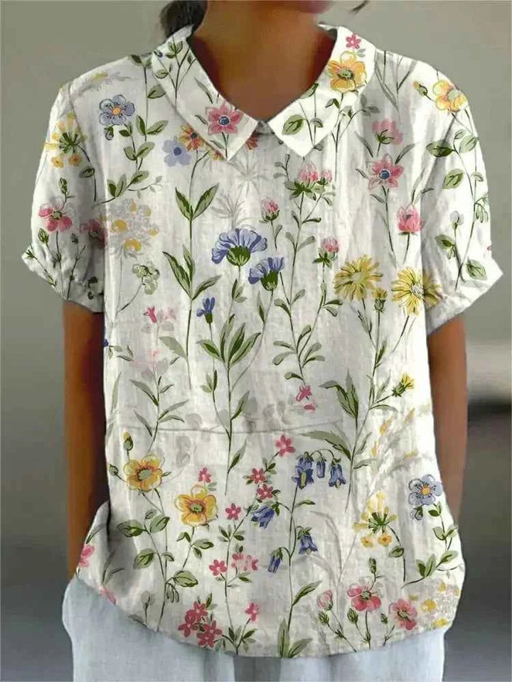 Women's Floral Pattern Woven Blouse with V-Neck Collar White with Floral