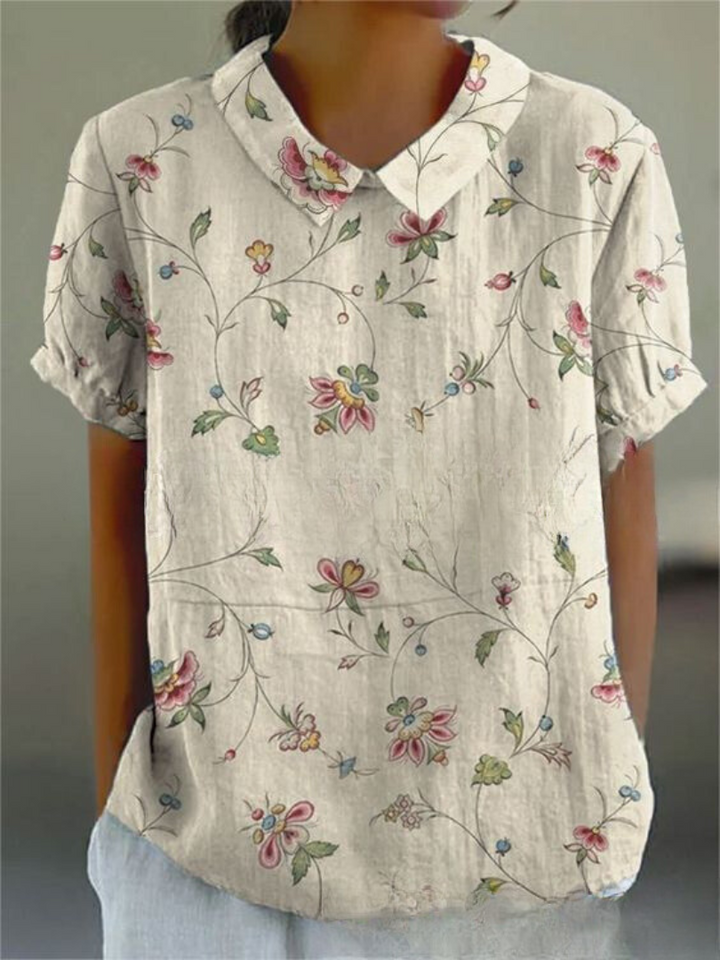 Women's Floral Pattern Woven Blouse with V-Neck Collar Beige with Floral