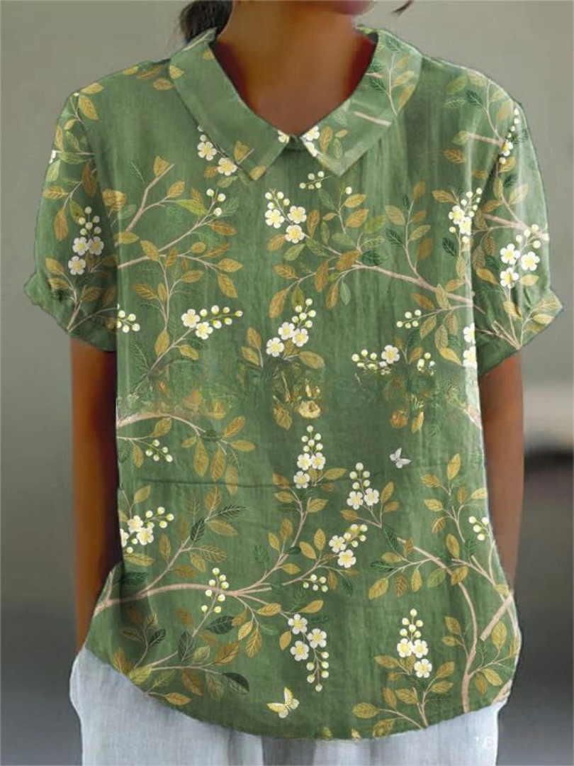 Women's Floral Pattern Woven Blouse with V-Neck Collar Green with Floral