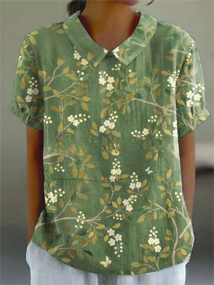 Women's Floral Pattern Woven Blouse with V-Neck Collar Green with Floral