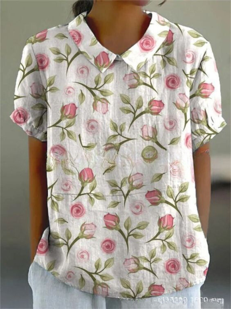 Women's Floral Pattern Woven Blouse with V-Neck Collar Pink with Floral